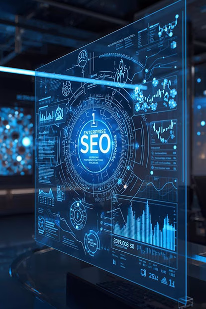 Four-step enterprise SEO process diagram from discovery and audit through monitoring, optimization, and reporting