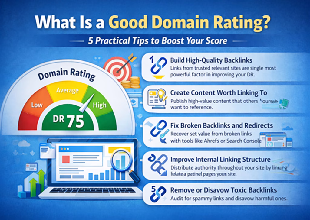 Infographic explaining "What Is a Good Domain Rating?" with a gauge showing a high score of 75 and 5 practical tips to improve domain rating