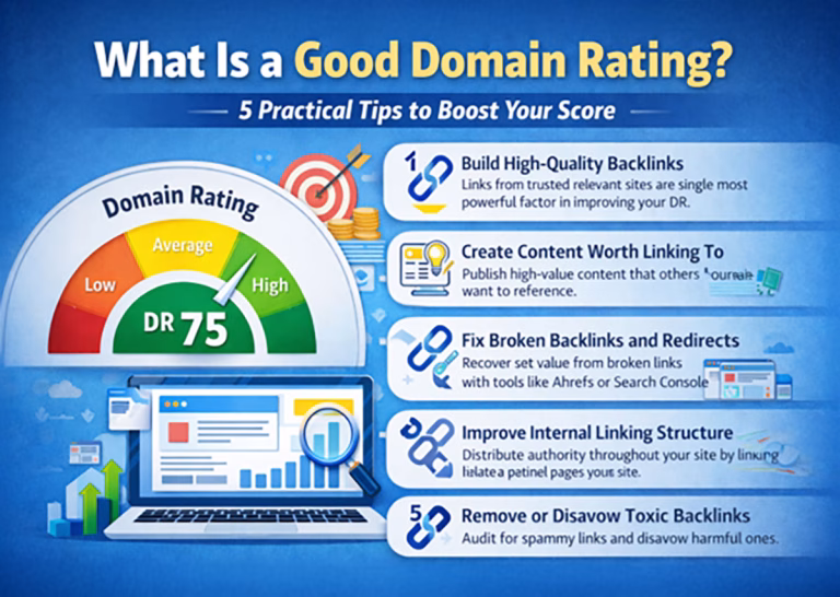 Infographic explaining "What Is a Good Domain Rating?" with a gauge showing a high score of 75 and 5 practical tips to improve domain rating