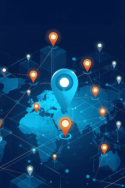 Multi-location SEO strategy showing business locations across United States map with ranking indicators and local search visibility