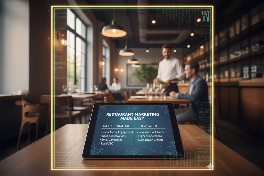 Restaurant owner reviewing digital marketing and SEO strategy on a laptop