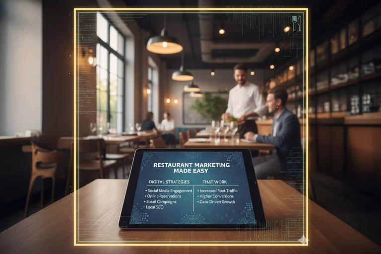 Restaurant owner reviewing digital marketing and SEO strategy on a laptop