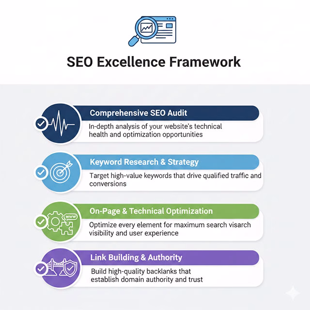 SEO framework roadmap representing search engine optimization and organic traffic growth strategies