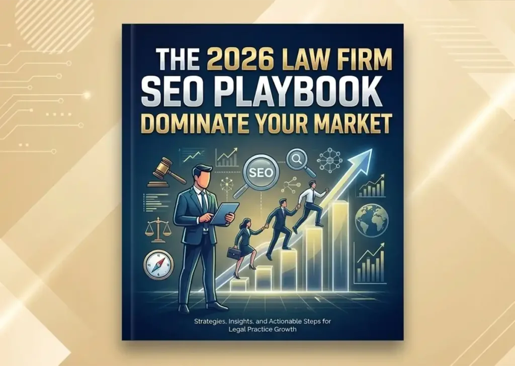 A professional book cover for "The 2026 Law Firm SEO Playbook" featuring legal icons like a gavel and scales of justice alongside digital marketing graphics, set against a modern beige and gold geometric background.