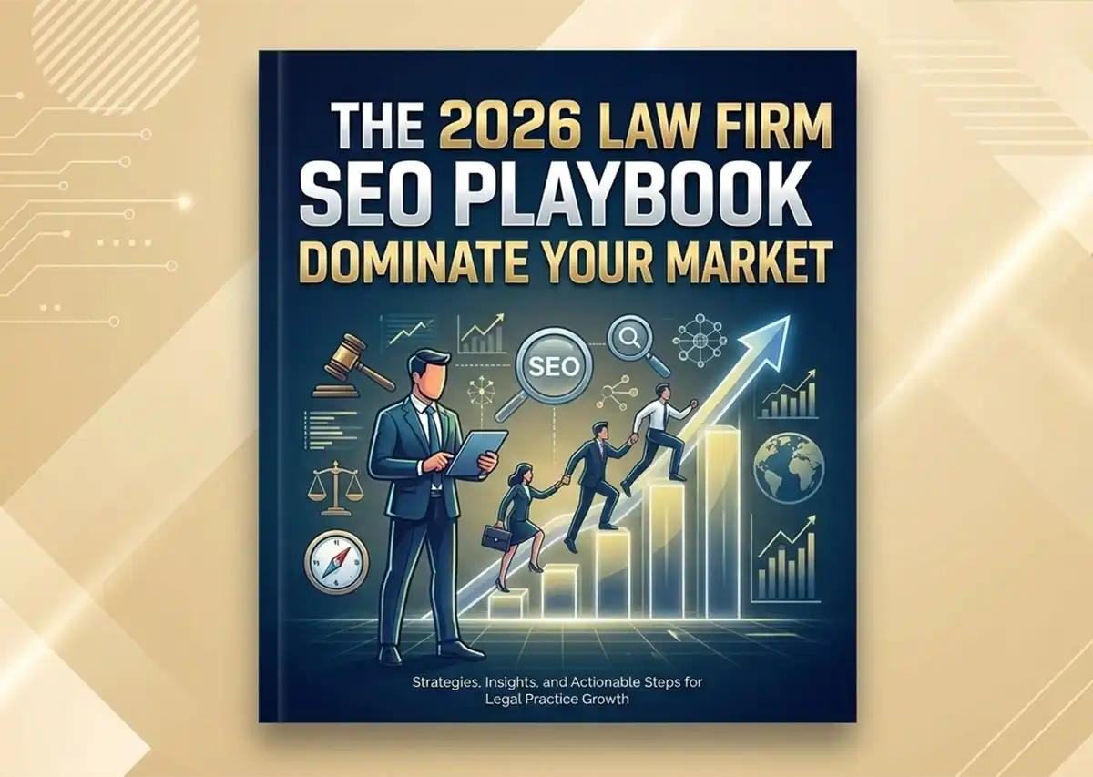 A professional book cover for "The 2026 Law Firm SEO Playbook" featuring legal icons like a gavel and scales of justice alongside digital marketing graphics, set against a modern beige and gold geometric background.