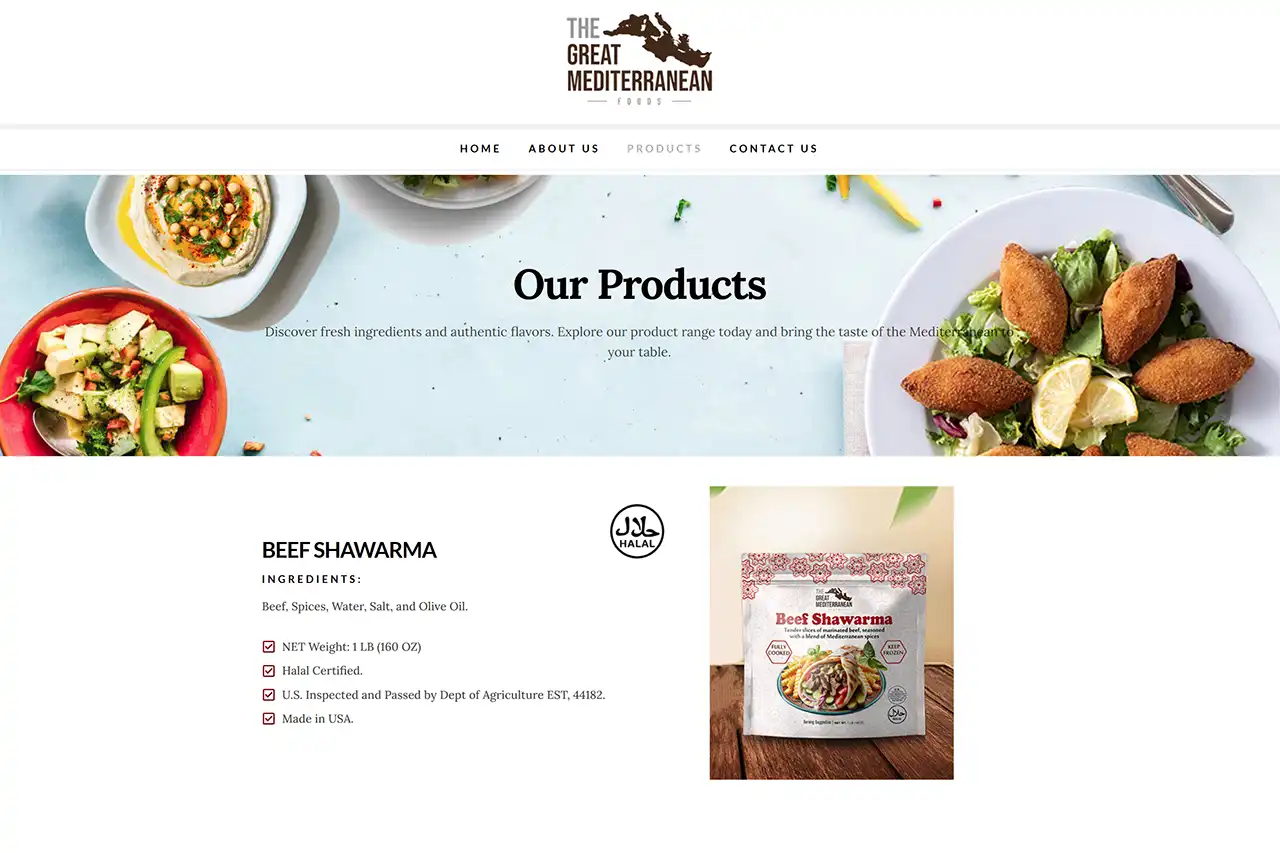 Screenshot of The Great Mediterranean Foods products page designed by Los Angeles SEO Inc, showcasing Halal-certified Mediterranean food products including Beef Shawarma, Chicken Shawarma, Kibbeh, and Rice Bowls made in the USA