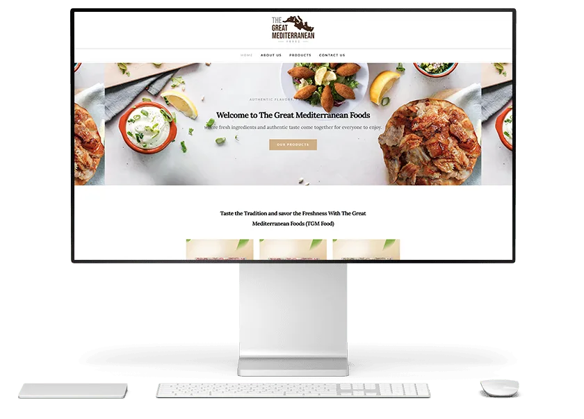 Screenshot of The Great Mediterranean Foods (TGM Food) website homepage designed by Los Angeles SEO Inc, featuring authentic Mediterranean food products including Beef Shawarma, Chicken Shawarma, and Kibbeh