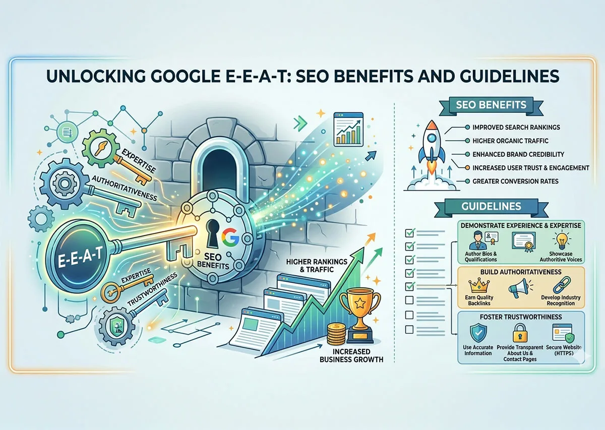 Infographic illustrating Google E-E-A-T principles (Expertise, Experience, Authoritativeness, Trustworthiness) as a key unlocking SEO benefits like improved rankings, higher traffic, and business growth, with actionable guidelines.