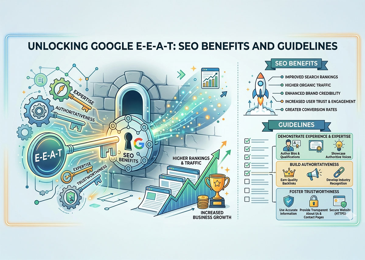 Infographic illustrating Google E-E-A-T principles (Expertise, Experience, Authoritativeness, Trustworthiness) as a key unlocking SEO benefits like improved rankings, higher traffic, and business growth, with actionable guidelines.