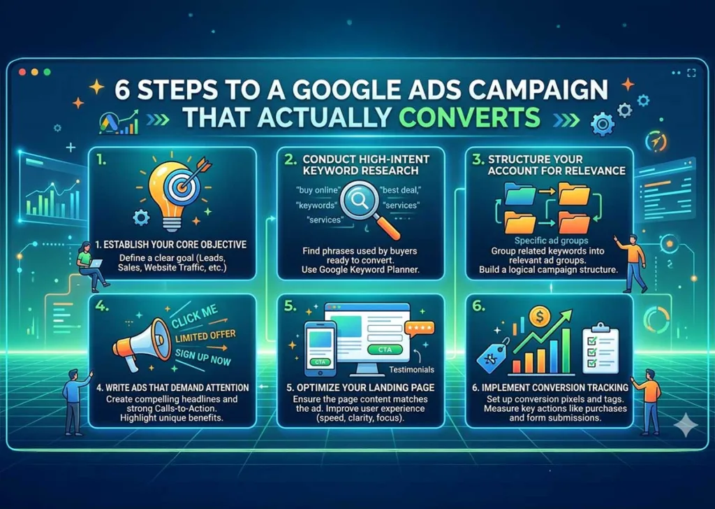 Infographic outlining 6 steps to a converting Google Ads campaign: establish your core objective, conduct high-intent keyword research, structure your account for relevance, write ads that demand attention, optimize your landing page, and implement conversion tracking.