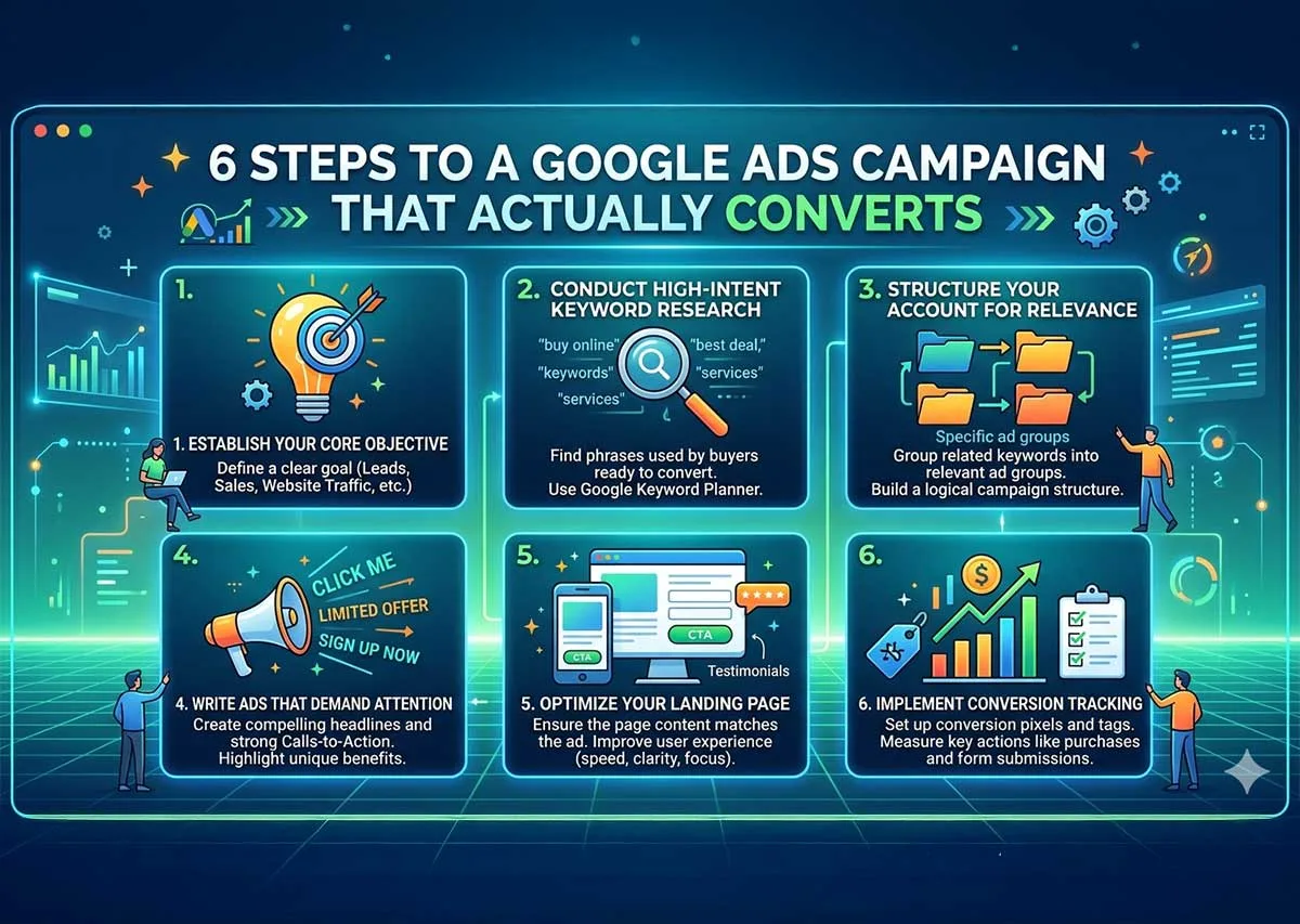 Infographic outlining 6 steps to a converting Google Ads campaign: establish your core objective, conduct high-intent keyword research, structure your account for relevance, write ads that demand attention, optimize your landing page, and implement conversion tracking.