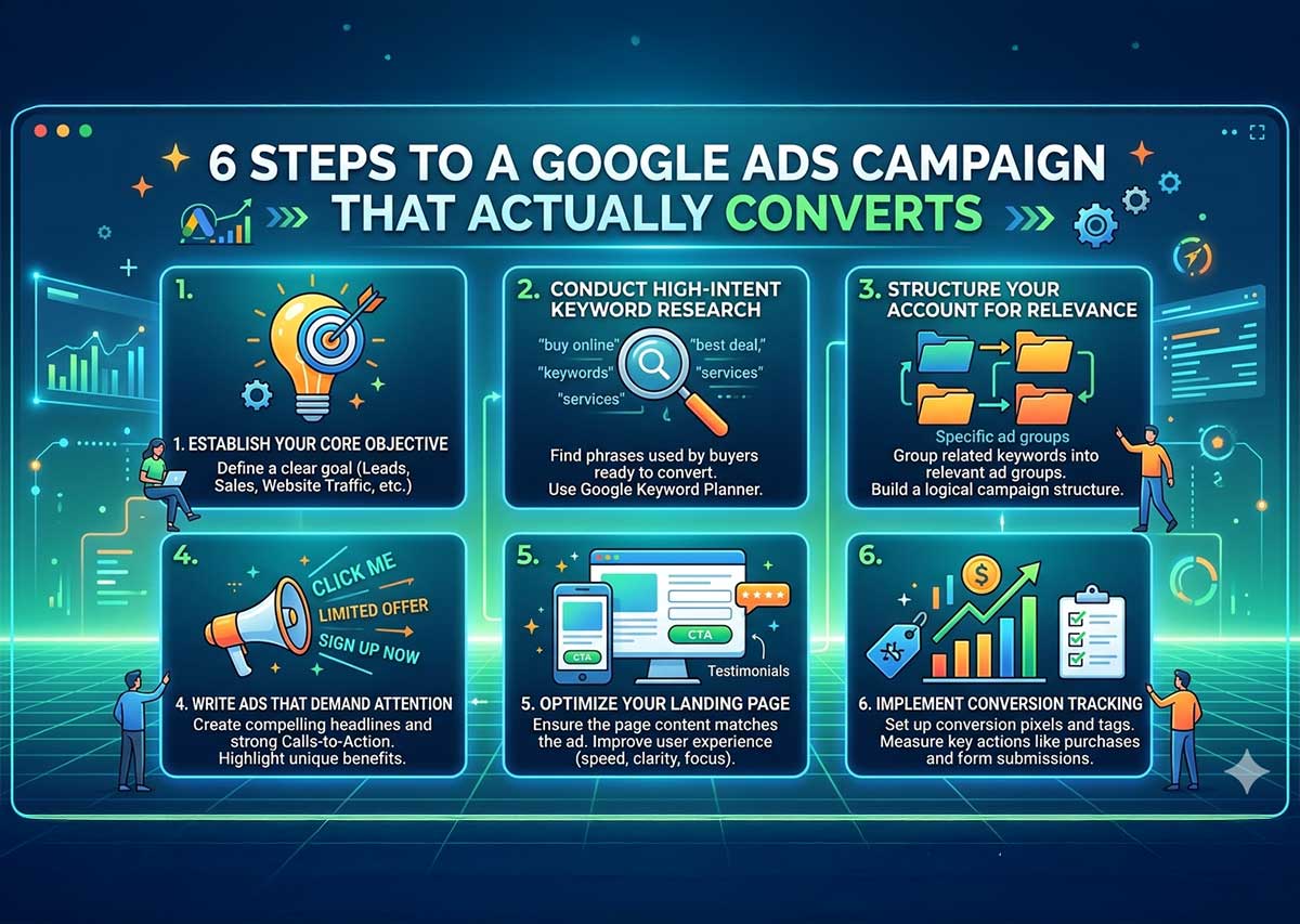Infographic outlining 6 steps to a converting Google Ads campaign: establish your core objective, conduct high-intent keyword research, structure your account for relevance, write ads that demand attention, optimize your landing page, and implement conversion tracking.