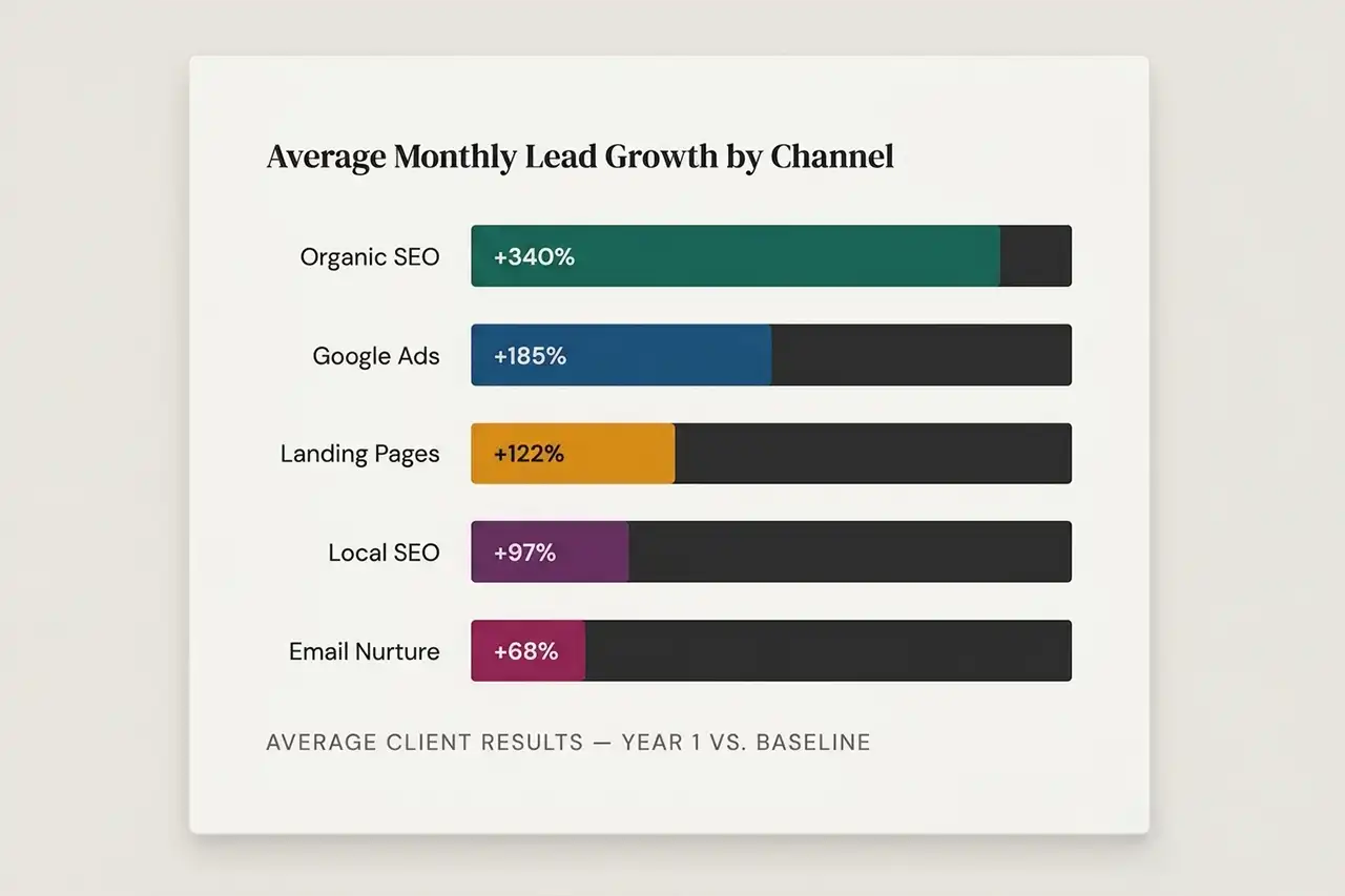 Bar chart showing average monthly lead growth by channel for Los Angeles SEO Inc clients in Year 1 vs. baseline with Lead Generation Services: Organic SEO +340%, Google Ads +185%, Landing Pages +122%, Local SEO +97%, and Email Nurture +68%.