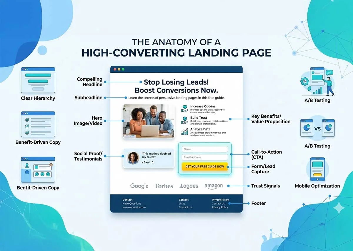 Diagram showing the key sections of a high-converting landing page including headline, CTA, social proof, and benefits