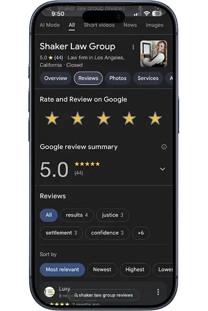 Google Business Profile showing Shaker Law Group with a 5.0 star rating and 44 reviews — an example of successful reputation management for law firms by Los Angeles SEO Inc