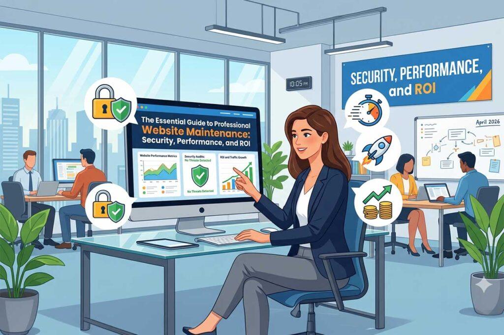 A visual representation of professional website maintenance, showcasing tools, security shields, and performance graphs to emphasize the importance of professional upkeep