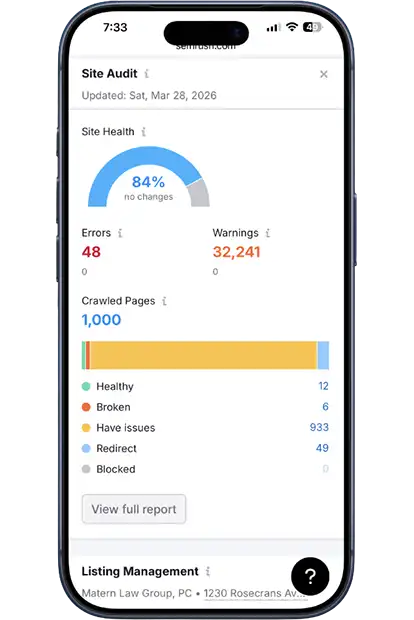 SEO audit dashboard showing 84% site health score with 48 errors, 32,241 warnings, and 1,000 crawled pages — Los Angeles SEO Inc