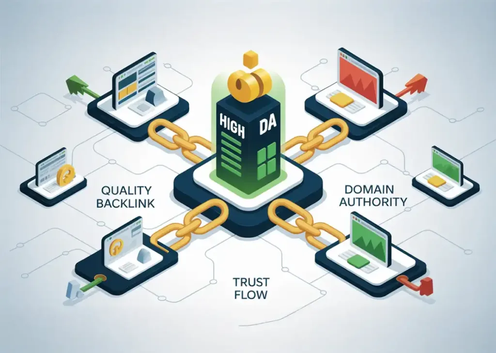 Interconnected website nodes forming a link network, illustrating how strong backlinks from high-authority domains boost a site's domain authority score