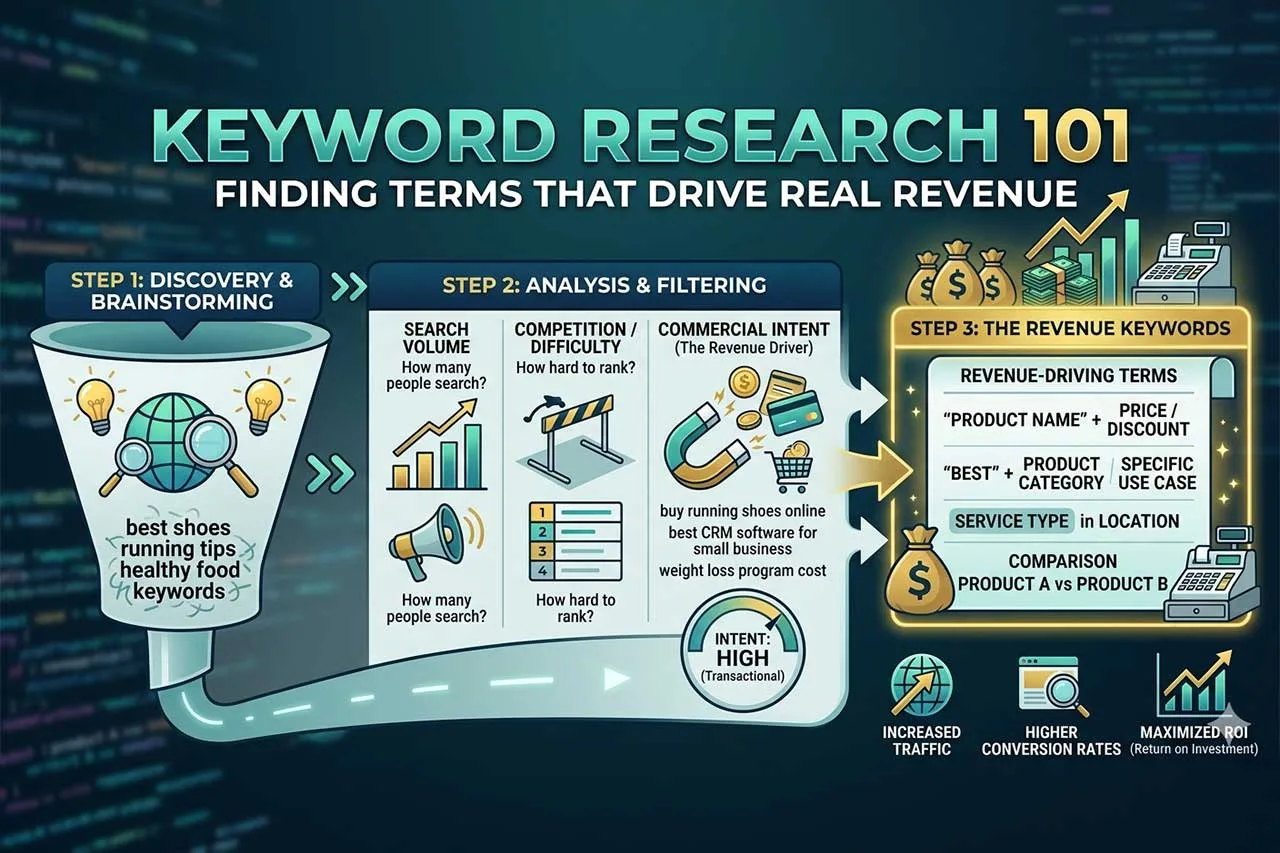Infographic by Los Angeles SEO illustrating the 3-step keyword research process: Step 1 Discovery and Brainstorming, Step 2 Analysis and Filtering by search volume, competition difficulty, and commercial intent, and Step 3 identifying revenue-driving keywords to increase traffic, improve conversion rates, and maximize ROI