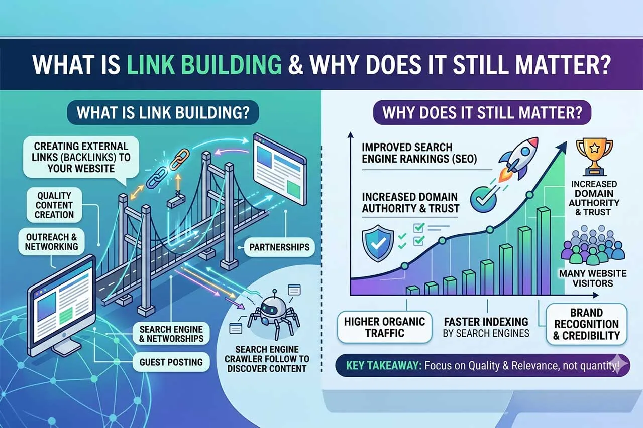 Infographic by Los Angeles SEO explaining link building and why it still matters for SEO, showing two sections: the left side illustrates link building components including backlinks, quality content creation, outreach, guest posting, and partnerships; the right side highlights key benefits such as improved search engine rankings, increased domain authority, higher organic traffic, faster indexing, and brand credibility, with a key takeaway to focus on quality and relevance over quantity