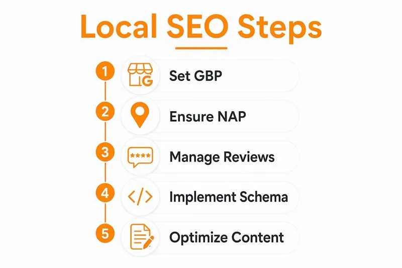 Local SEO steps infographic listing five actions: set up Google Business Profile, ensure NAP consistency, manage reviews, implement schema, and optimize content