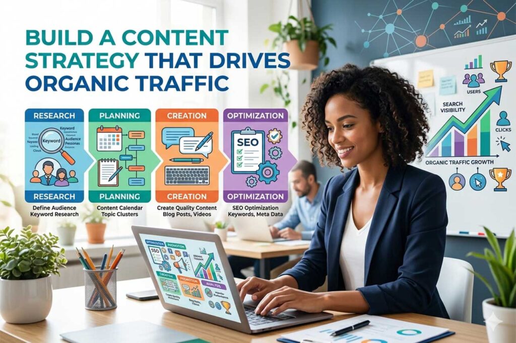 Content strategy infographic showing the research, planning, creation, and optimization stages that drive organic traffic growth, with a marketer working at a laptop