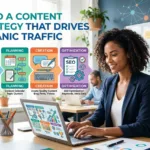Content strategy infographic showing the research, planning, creation, and optimization stages that drive organic traffic growth, with a marketer working at a laptop