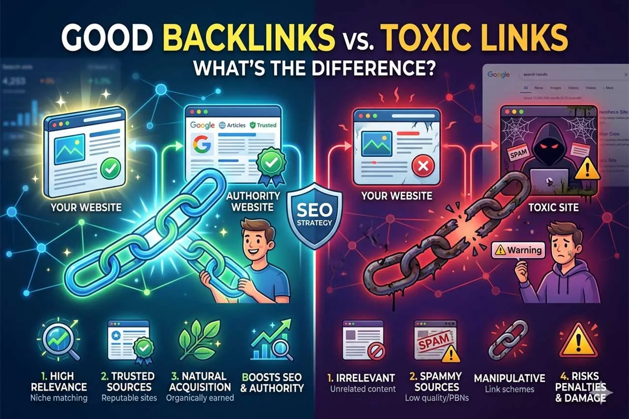 Infographic comparing good backlinks and toxic links, showing high-relevance trusted sources that boost SEO authority versus spammy, irrelevant links that risk Google penalties