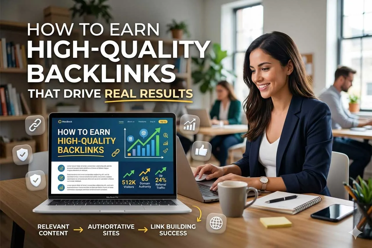 Marketing professional working on a laptop displaying a high-quality backlinks strategy guide, with relevant content, authoritative sites, and link building shown as steps to real results