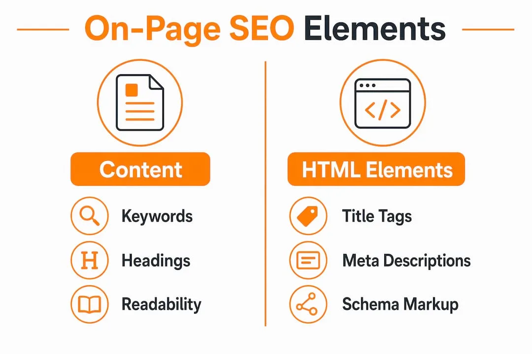Infographic comparing on-page SEO content and HTML elements
