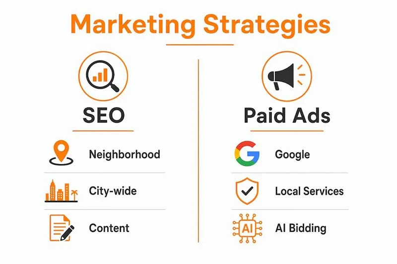 Infographic comparing SEO and paid ad strategies
