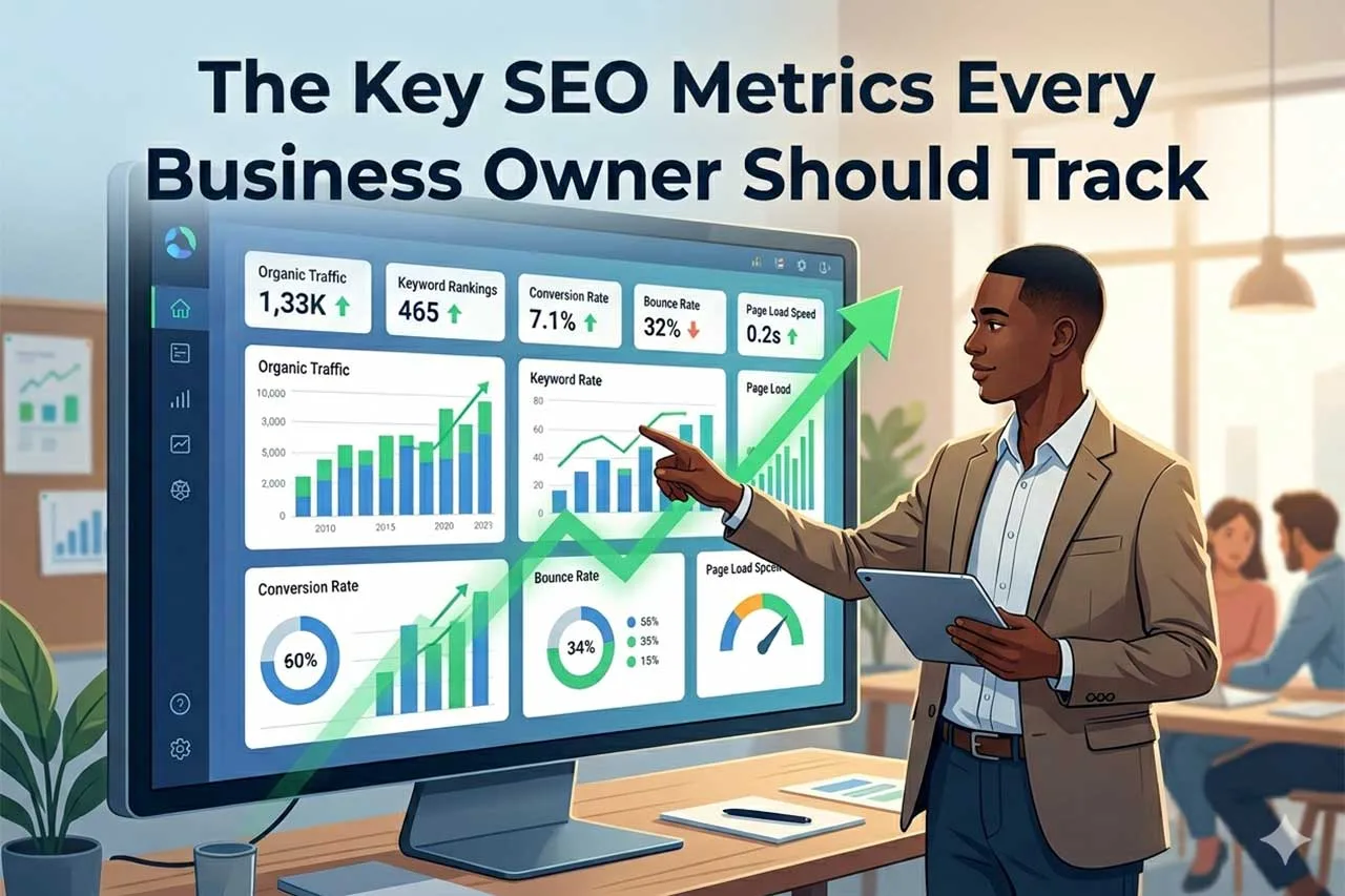 Business professional reviewing an SEO analytics dashboard showing key SEO metrics, including organic traffic, keyword rankings, conversion rate, bounce rate, and page load speed