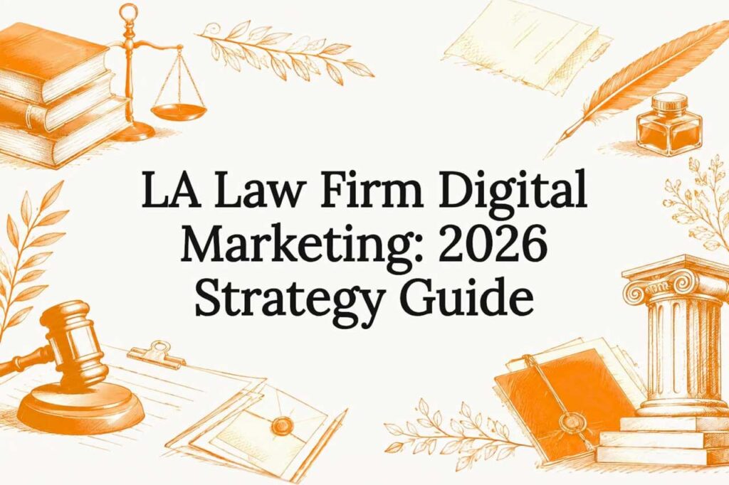 Title card for an LA law firm digital marketing strategy guide, framed by hand-drawn legal icons of scales of justice, law books, a gavel, a quill and inkwell, and a column