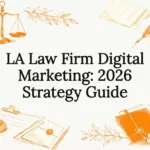 Title card for an LA law firm digital marketing strategy guide, framed by hand-drawn legal icons of scales of justice, law books, a gavel, a quill and inkwell, and a column