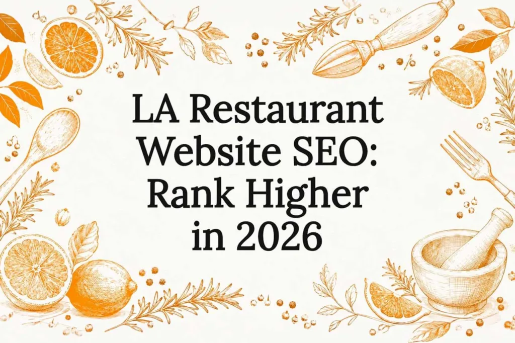 Title card for an LA restaurant website SEO guide, framed by hand-drawn culinary illustrations of citrus, herbs, a spoon and fork, and a mortar and pestle