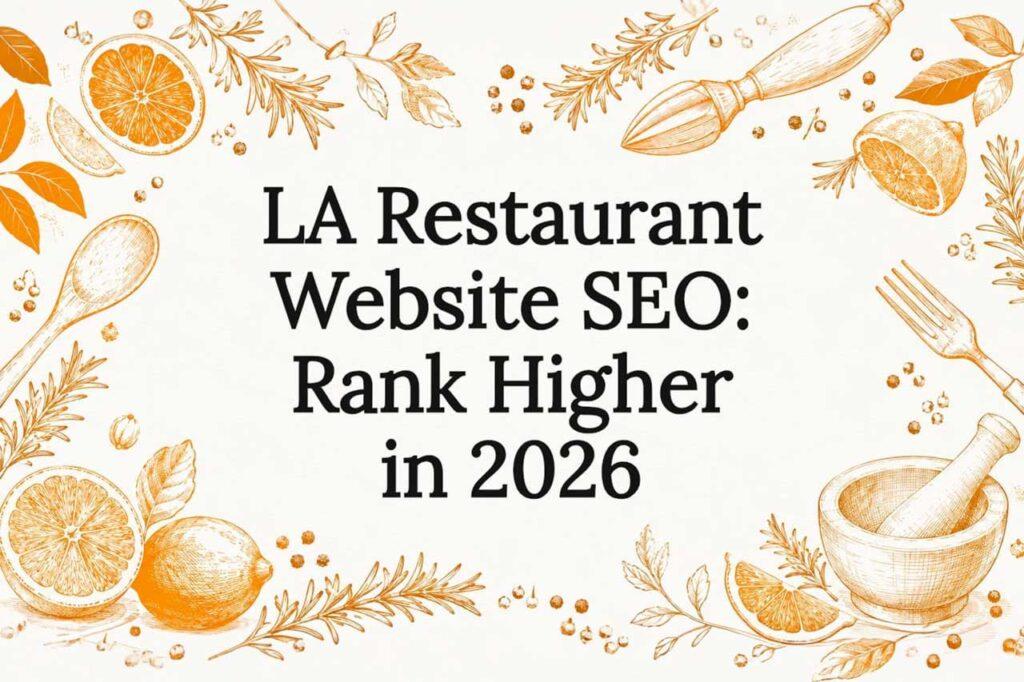 Title card for an LA restaurant website SEO guide, framed by hand-drawn culinary illustrations of citrus, herbs, a spoon and fork, and a mortar and pestle
