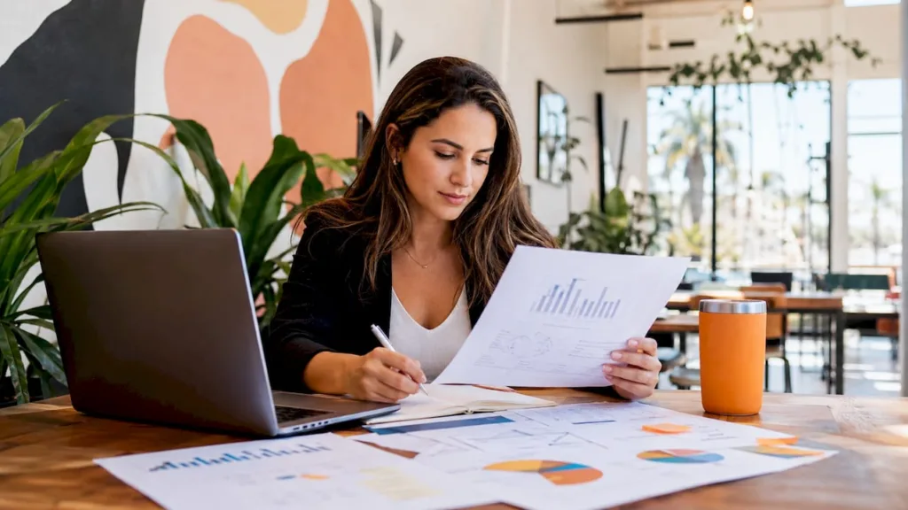 Marketing manager at a desk reviewing analytics reports and charts while planning a digital marketing strategy for a California business