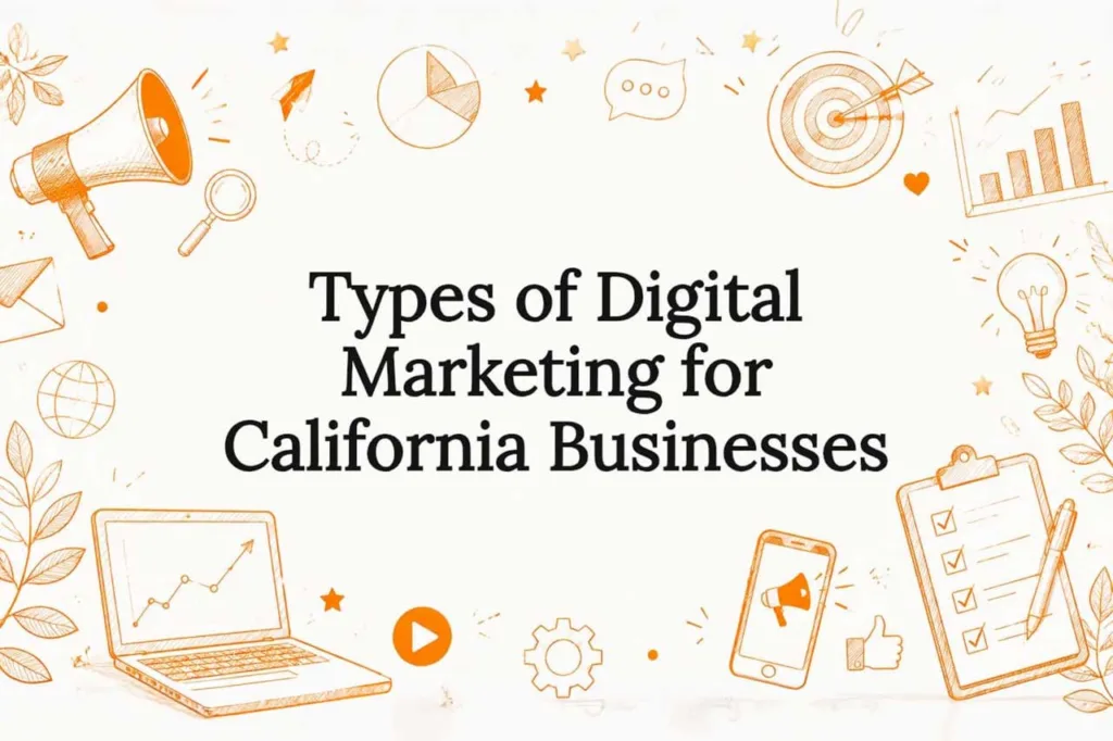 Title card for a guide on types of digital marketing for California businesses, surrounded by hand-drawn icons of a megaphone, charts, target, lightbulb, laptop, and checklist