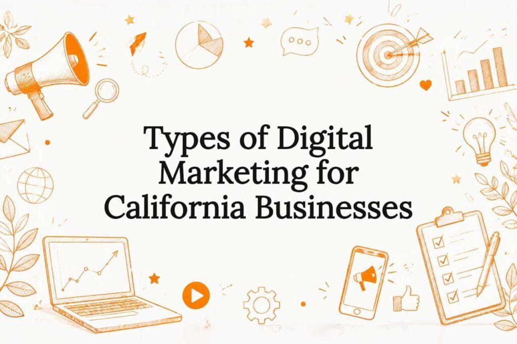 Title card for a guide on types of digital marketing for California businesses, surrounded by hand-drawn icons of a megaphone, charts, target, lightbulb, laptop, and checklist