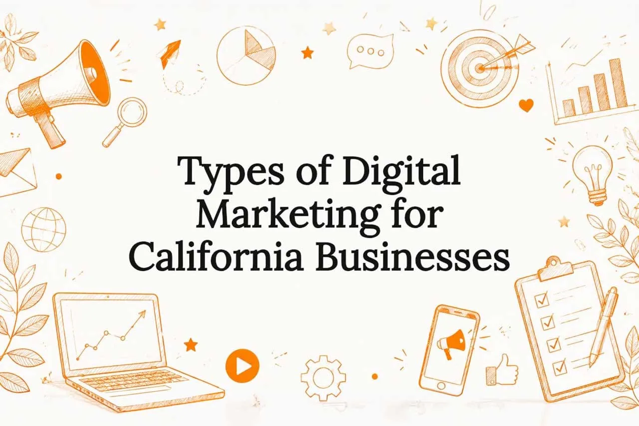 Title card for a guide on types of digital marketing for California businesses, surrounded by hand-drawn icons of a megaphone, charts, target, lightbulb, laptop, and checklist