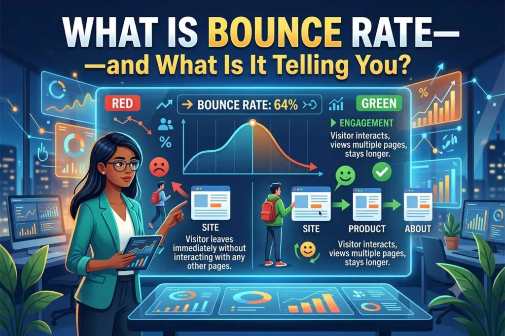 Bounce rate infographic contrasting a visitor who leaves immediately (red) with one who engages across multiple pages (green), illustrating what a 64% bounce rate signals