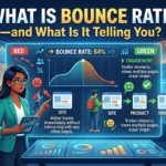 Bounce rate infographic contrasting a visitor who leaves immediately (red) with one who engages across multiple pages (green), illustrating what a 64% bounce rate signals