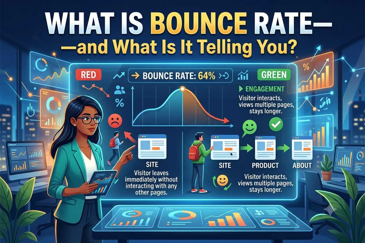 Bounce rate infographic contrasting a visitor who leaves immediately (red) with one who engages across multiple pages (green), illustrating what a 64% bounce rate signals