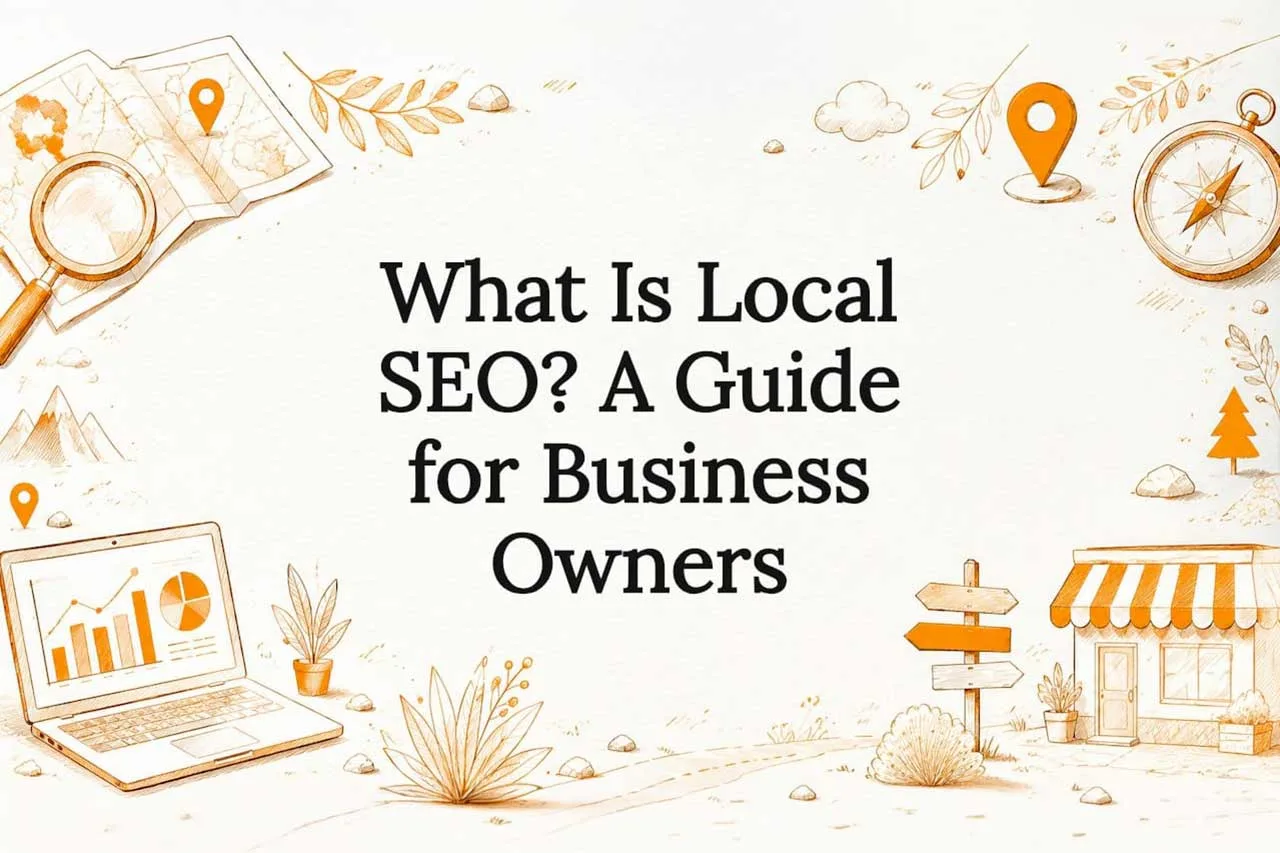 Title card for a local SEO guide for business owners, framed by hand-drawn icons of a map and magnifying glass, location pins, a compass, a laptop, and a storefront