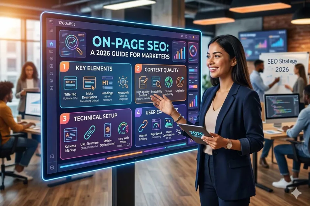On-page SEO infographic showing key elements like title tags, headers, content, internal links, and schema markup for optimizing a web page in 2026