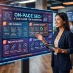 On-page SEO infographic showing key elements like title tags, headers, content, internal links, and schema markup for optimizing a web page in 2026