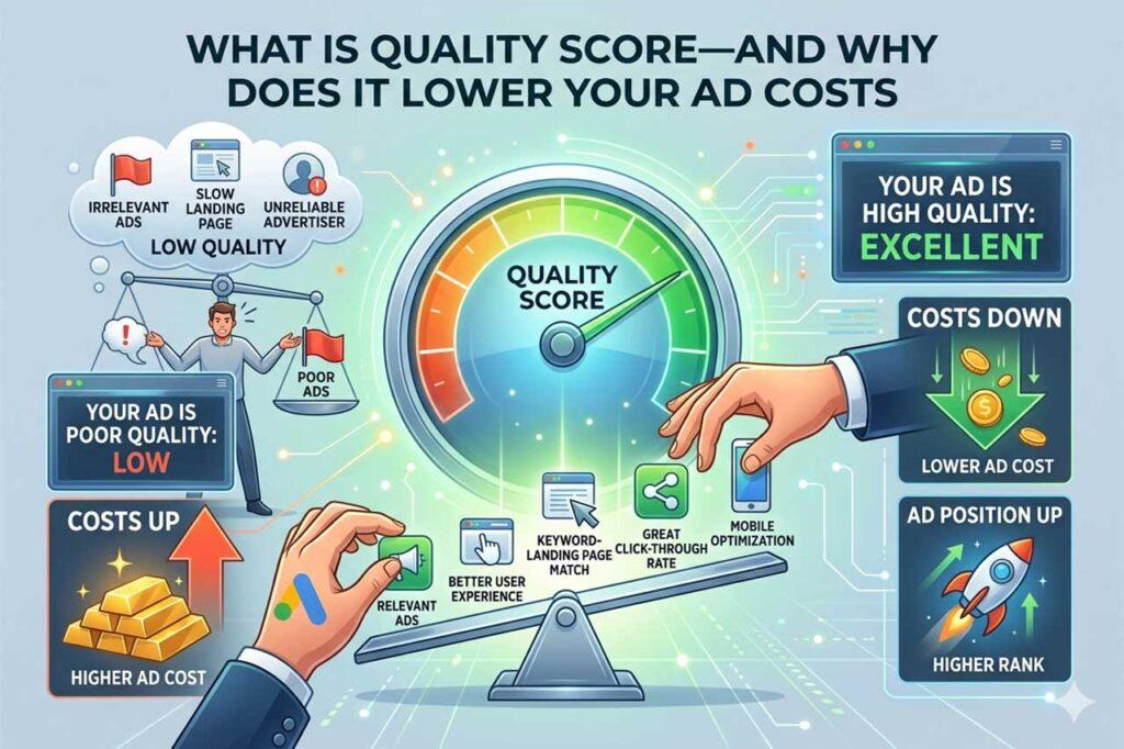Quality Score infographic showing how a high score lowers ad costs and raises ad position, while a low score from irrelevant ads and slow landing pages drives costs up
