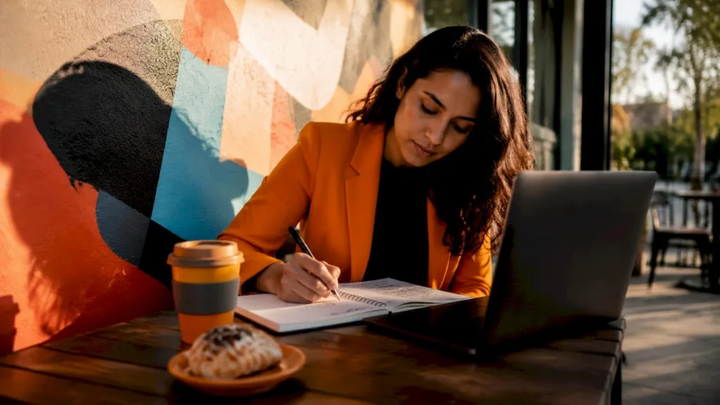 Woman researching keywords on laptop in cafe