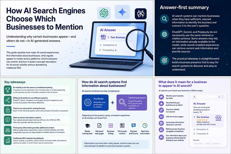 Infographic explaining how AI search engines choose which businesses to mention, covering key takeaways including AI visibility differing from traditional rankings, how ChatGPT Gemini and Perplexity use different retrieval systems, how AI combines a language model with a retrieval system to generate answers from web pages business listings reviews and real-time information, and what it means for a business to appear in AI search including being mentioned by name recommended as an option cited as a source or summarized alongside competitors