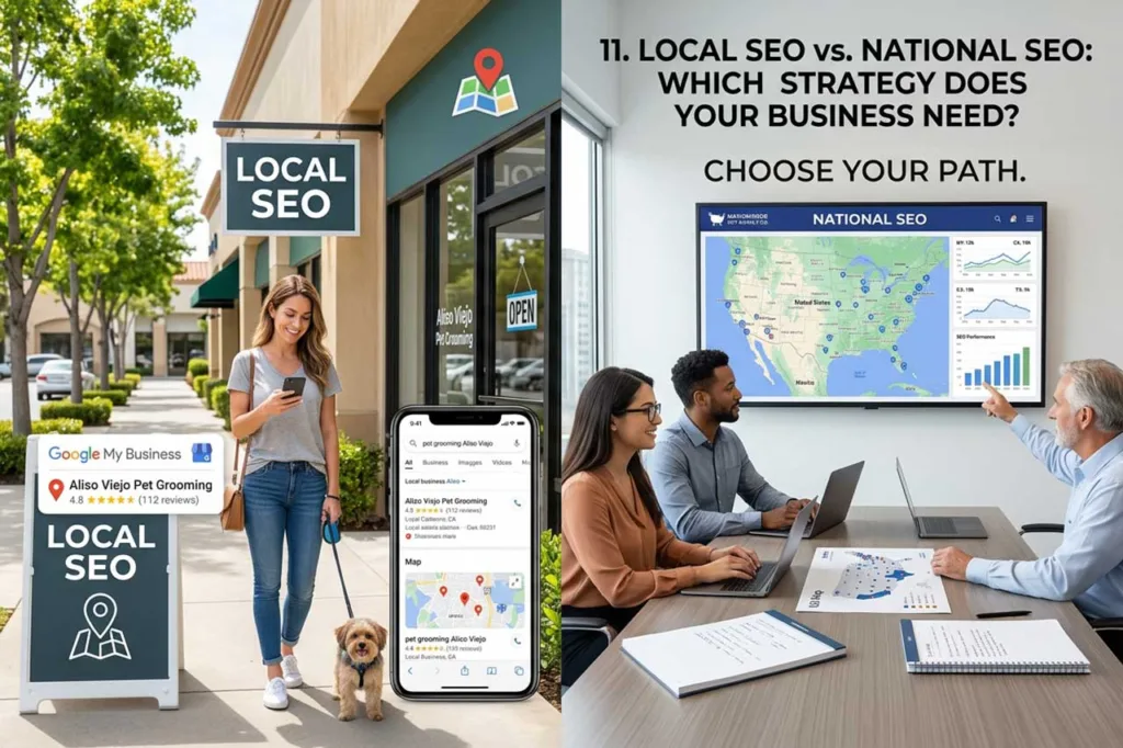 Split image comparing local SEO and national SEO strategies, showing on the left a woman walking her dog outside a local pet grooming shop with a Google My Business listing and local search results on her phone, and on the right a marketing team in a conference room reviewing a national SEO performance dashboard and US map on a large screen